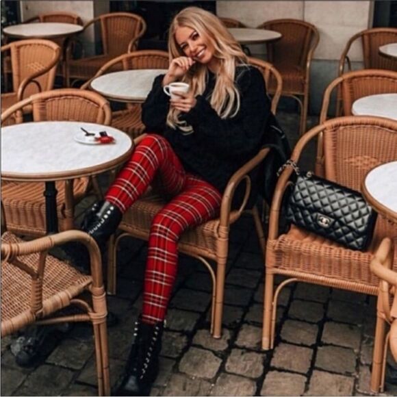 Zara Holiday Red Plaid Mid Rise Stretch Legging Pants, Size Medium NWT - Picture 16 of 16